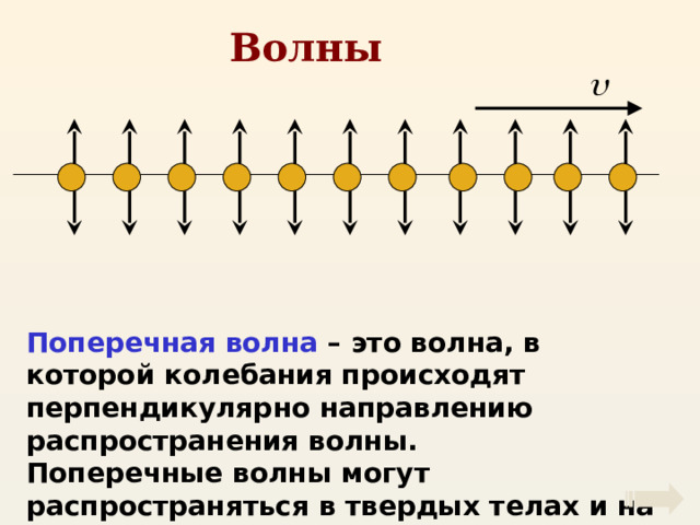 Волны Поперечная волна – это волна, в которой колебания происходят перпендикулярно направлению распространения волны. Поперечные волны могут распространяться в твердых телах и на границе двух сред. 