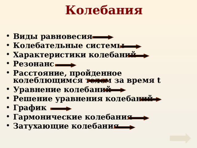 Колебания  Виды равновесия Колебательные системы Характеристики колебаний Резонанс Расстояние, пройденное колеблющимся телом за время t Уравнение колебаний Решение уравнения колебаний График Гармонические колебания Затухающие колебания 