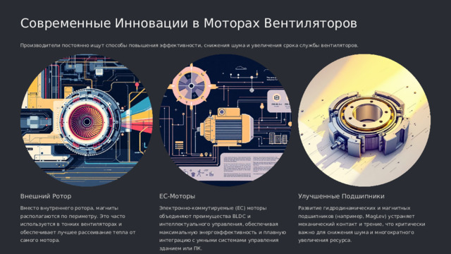  Современные Инновации в Моторах Вентиляторов Производители постоянно ищут способы повышения эффективности, снижения шума и увеличения срока службы вентиляторов. Внешний Ротор ЕС-Моторы Улучшенные Подшипники Вместо внутреннего ротора, магниты располагаются по периметру. Это часто используется в тонких вентиляторах и обеспечивает лучшее рассеивание тепла от самого мотора. Электронно-коммутируемые (EC) моторы объединяют преимущества BLDC и интеллектуального управления, обеспечивая максимальную энергоэффективность и плавную интеграцию с умными системами управления зданием или ПК. Развитие гидродинамических и магнитных подшипников (например, MagLev) устраняет механический контакт и трение, что критически важно для снижения шума и многократного увеличения ресурса. 