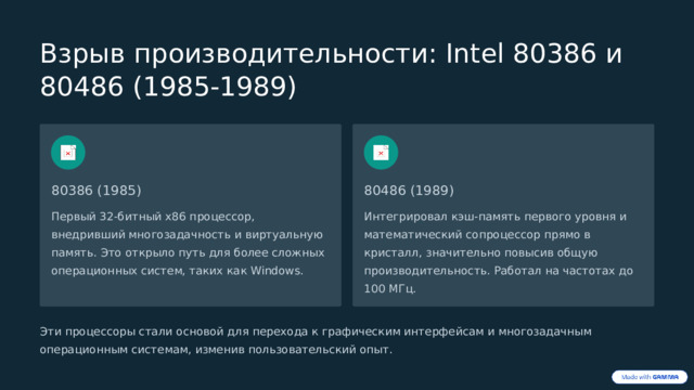  Взрыв производительности: Intel 80386 и 80486 (1985-1989) 80386 (1985) 80486 (1989) Первый 32-битный x86 процессор, внедривший многозадачность и виртуальную память. Это открыло путь для более сложных операционных систем, таких как Windows. Интегрировал кэш-память первого уровня и математический сопроцессор прямо в кристалл, значительно повысив общую производительность. Работал на частотах до 100 МГц. Эти процессоры стали основой для перехода к графическим интерфейсам и многозадачным операционным системам, изменив пользовательский опыт. 