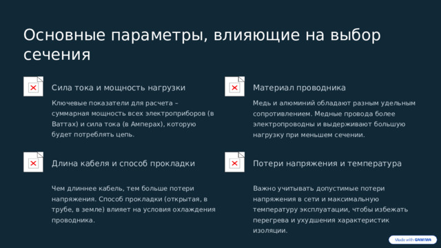  Основные параметры, влияющие на выбор сечения Сила тока и мощность нагрузки Материал проводника Ключевые показатели для расчета – суммарная мощность всех электроприборов (в Ваттах) и сила тока (в Амперах), которую будет потреблять цепь. Медь и алюминий обладают разным удельным сопротивлением. Медные провода более электропроводны и выдерживают большую нагрузку при меньшем сечении. Длина кабеля и способ прокладки Потери напряжения и температура Чем длиннее кабель, тем больше потери напряжения. Способ прокладки (открытая, в трубе, в земле) влияет на условия охлаждения проводника. Важно учитывать допустимые потери напряжения в сети и максимальную температуру эксплуатации, чтобы избежать перегрева и ухудшения характеристик изоляции. 