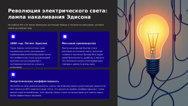  Революция электрического света: лампа накаливания Эдисона На рубеже XIX и XX веков произошел настоящий прорыв в технологии освещения, который навсегда изменил мир. 1880 год: Патент Эдисона Массовое производство Томас Эдисон запатентовал свою знаменитую лампу накаливания с карбонизированной бамбуковой нитью. Это изобретение стало кульминацией многолетних исследований и экспериментов многих ученых и инженеров. Лампа накаливания быстро стала массовым источником света, вытеснив газовые и масляные фонари благодаря своей безопасности, удобству и яркости. Это положило начало электрификации городов и домов по всему миру. Энергетическая неэффективность Несмотря на свою революционность, лампы накаливания имели существенный недостаток: они теряли до 95% энергии в виде тепла, что делало их крайне неэффективными с точки зрения энергопотребления. Этот фактор позже станет катализатором для поиска новых, более эффективных решений. 