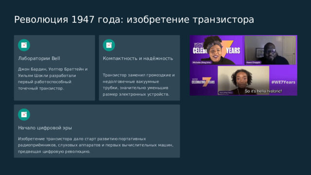  Революция 1947 года: изобретение транзистора Лаборатории Bell Компактность и надёжность Джон Бардин, Уолтер Браттейн и Уильям Шокли разработали первый работоспособный точечный транзистор. Транзистор заменил громоздкие и недолговечные вакуумные трубки, значительно уменьшив размер электронных устройств. Начало цифровой эры Изобретение транзистора дало старт развитию портативных радиоприёмников, слуховых аппаратов и первых вычислительных машин, предвещая цифровую революцию. 