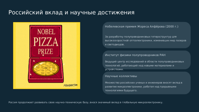  Российский вклад и научные достижения Нобелевская премия Жореса Алфёрова (2000 г.) За разработку полупроводниковых гетероструктур для высокоскоростной оптоэлектроники, изменивших мир лазеров и светодиодов. Институт физики полупроводников РАН Ведущий центр исследований в области полупроводниковых технологий, работающий над новыми материалами и устройствами. Научные коллективы Множество российских ученых и инженеров вносят вклад в развитие микроэлектроники, работая над прорывными технологиями будущего. Россия продолжает развивать свою научно-техническую базу, внося значимый вклад в глобальную микроэлектронику. 