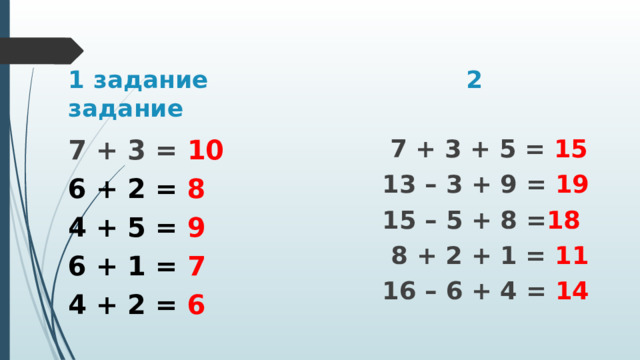  1 задание 2 задание 7 + 3 = 10  7 + 3 + 5 = 15 6 + 2 = 8 13 – 3 + 9 = 19 4 + 5 = 9 15 – 5 + 8 = 18 6 + 1 = 7  8 + 2 + 1 = 11 4 + 2 = 6 16 – 6 + 4 = 14 