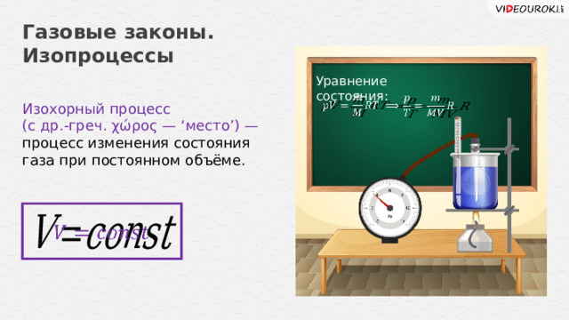 Газовые законы. Изопроцессы Уравнение состояния:     Изохорный процесс (с др.-греч. χώρος — ‘место’) — процесс изменения состояния газа при постоянном объёме.   18 
