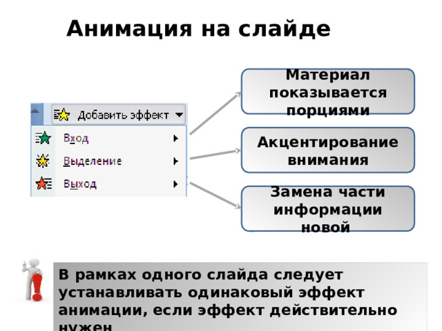 Анимация на слайде Материал показывается порциями Акцентирование внимания Замена части информации новой  В рамках одного слайда следует устанавливать одинаковый эффект анимации, если эффект действительно нужен 