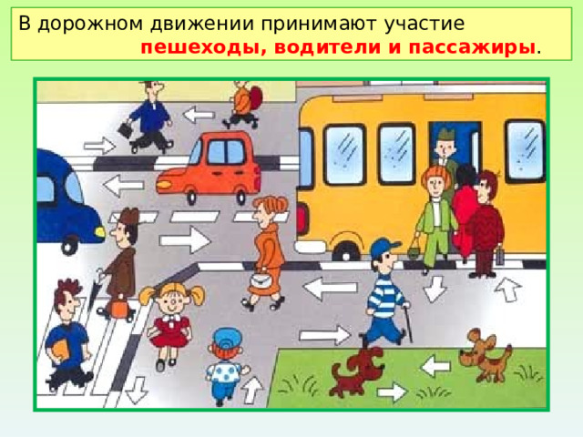 В дорожном движении принимают участие пешеходы, водители и пассажиры . 
