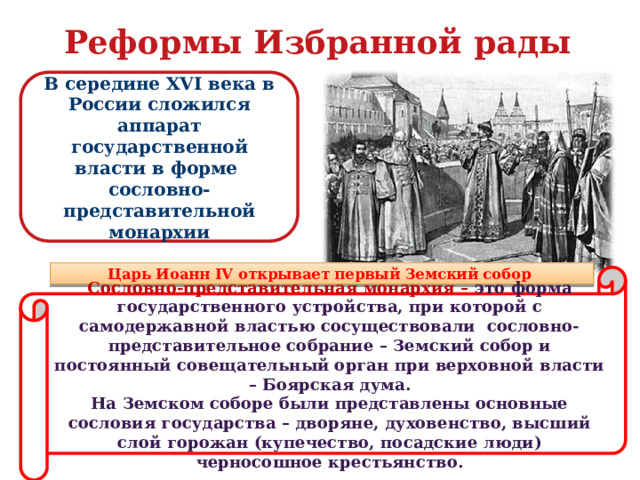 Реформы Избранной рады В середине XVI века в России сложился аппарат государственной власти в форме сословно-представительной монархии Царь Иоанн IV открывает первый Земский собор Сословно-представительная монархия – это форма государственного устройства, при которой с самодержавной властью сосуществовали сословно-представительное собрание – Земский собор и постоянный совещательный орган при верховной власти – Боярская дума. На Земском соборе были представлены основные сословия государства – дворяне, духовенство, высший слой горожан (купечество, посадские люди) черносошное крестьянство.  