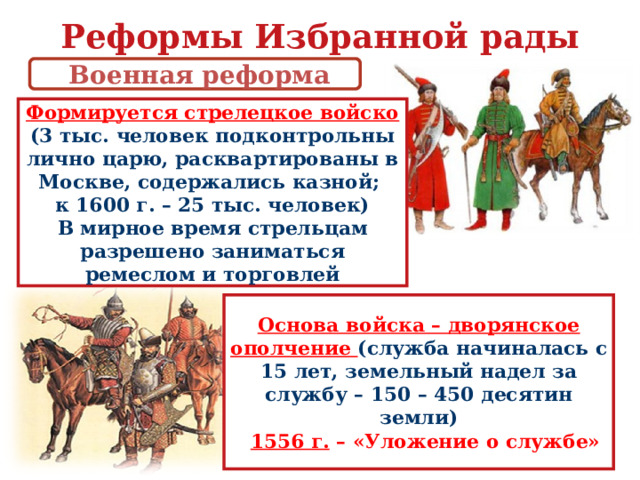 Реформы Избранной рады  Военная реформа Формируется стрелецкое войско (3 тыс. человек подконтрольны лично царю, расквартированы в Москве, содержались казной; к 1600 г. – 25 тыс. человек) В мирное время стрельцам разрешено заниматься ремеслом и торговлей Основа войска – дворянское ополчение (служба начиналась с 15 лет, земельный надел за службу – 150 – 450 десятин земли)  1556 г. – «Уложение о службе»  