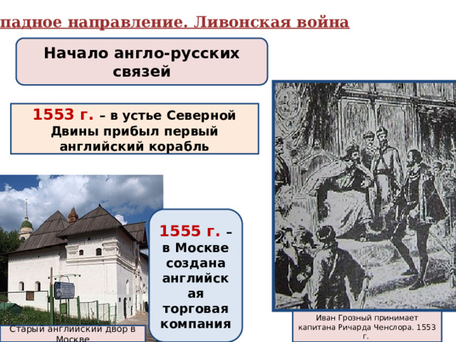  Западное направление. Ливонская война Начало англо-русских связей 1553 г.  – в устье Северной Двины прибыл первый английский корабль 1555 г. – в Москве создана английская торговая компания Иван Грозный принимает капитана Ричарда Ченслора. 1553 г. Старый английский двор в Москве 