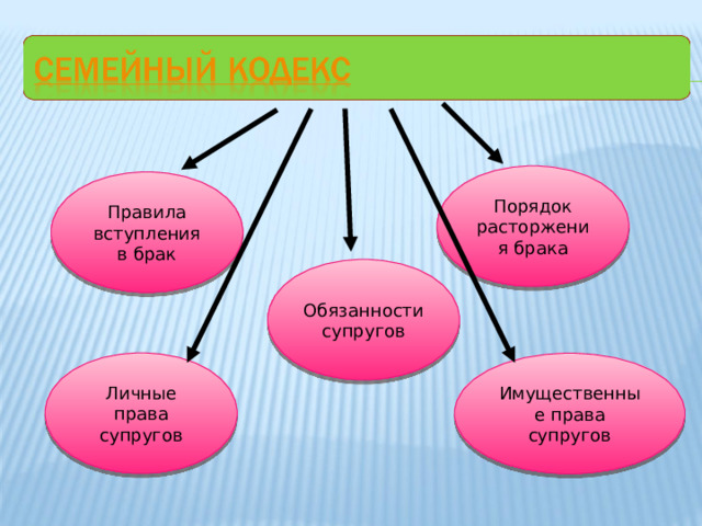 Порядок расторжения брака Правила вступления в брак Обязанности супругов Личные права супругов Имущественные права супругов 