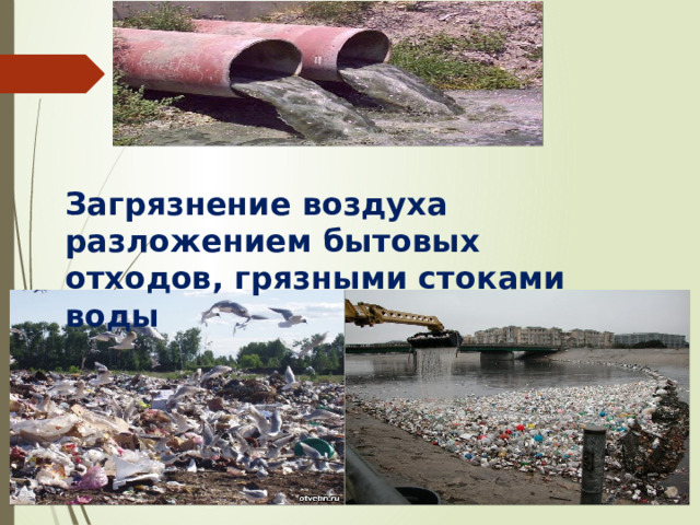Загрязнение воздуха разложением бытовых отходов, грязными стоками воды 