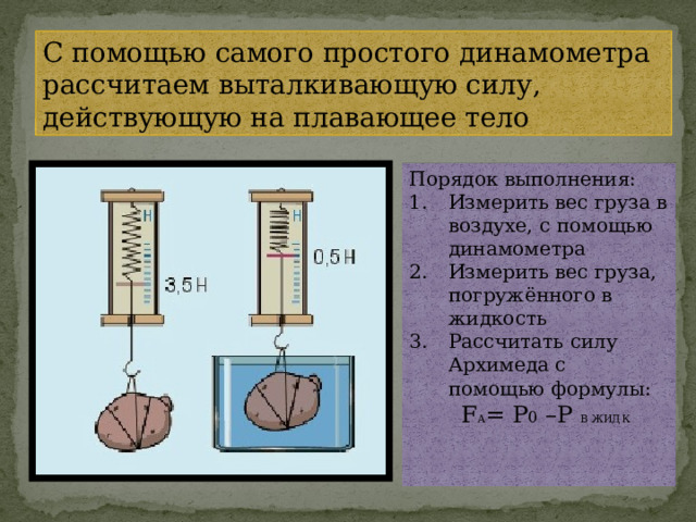 С помощью самого простого динамометра рассчитаем выталкивающую силу, действующую на плавающее тело Порядок выполнения: Измерить вес груза в воздухе, с помощью динамометра Измерить вес груза, погружённого в жидкость Рассчитать силу Архимеда с помощью формулы:  F А = Р 0 –Р В ЖИДК 