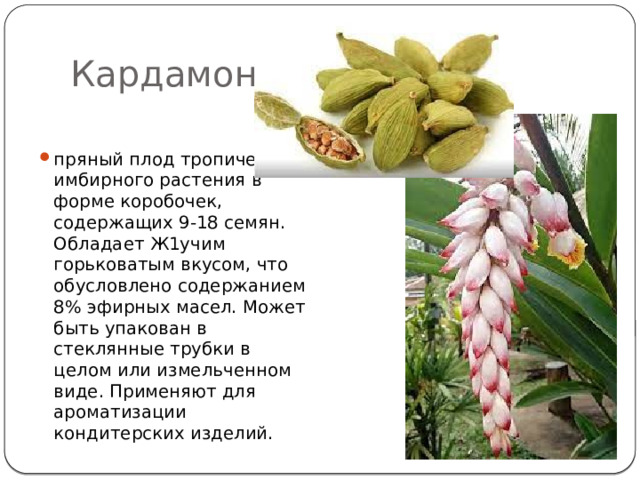 Кардамон пряный плод тропического имбирного растения в форме коробочек, содержащих 9-18 семян. Обладает Ж1учим горьковатым вкусом, что обусловлено содержанием 8% эфирных масел. Может быть упакован в стеклянные трубки в целом или измельченном виде. Применяют для ароматизации кондитерских изделий. 