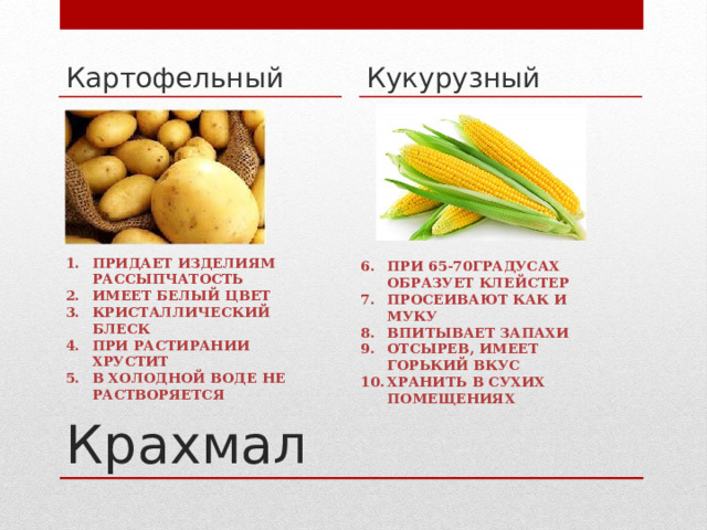 Картофельный Кукурузный Придает изделиям рассыпчатость Имеет белый цвет Кристаллический блеск При растирании хрустит В холодной воде не растворяется   При 65-70градусах образует клейстер Просеивают как и муку Впитывает запахи Отсырев, имеет горький вкус Хранить в сухих помещениях Крахмал 