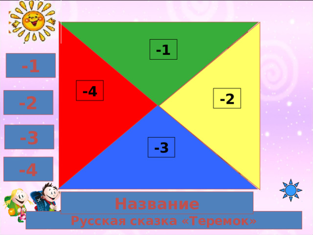 5 очков 40 -1 -1 -4 -2 -2 -3 -3 -4 Название Русская сказка «Теремок» 