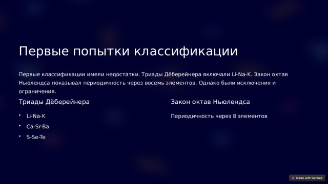  Первые попытки классификации Первые классификации имели недостатки. Триады Дёберейнера включали Li-Na-K. Закон октав Ньюлендса показывал периодичность через восемь элементов. Однако были исключения и ограничения. Триады Дёберейнера Закон октав Ньюлендса Li-Na-K Периодичность через 8 элементов Ca-Sr-Ba S-Se-Te 
