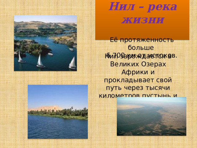 Нил – река жизни  Её протяженность больше 6 700 км от истоков. Нил зарождается в Великих Озерах Африки и прокладывает свой путь через тысячи километров пустынь и болот. 