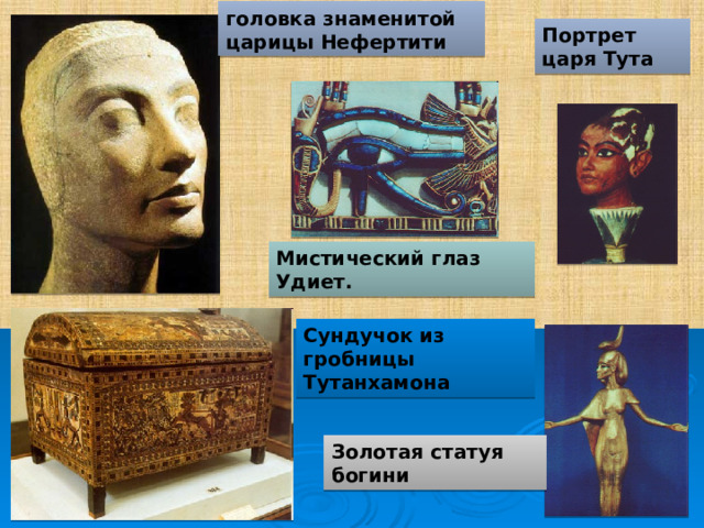 головка знаменитой царицы Нефертити Портрет царя Тута Мистический глаз Удиет. Сундучок из гробницы Тутанхамона Золотая статуя богини 