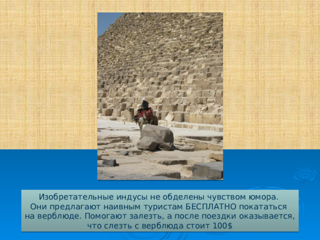 Изобретательные индусы не обделены чувством юмора. Они предлагают наивным туристам БЕСПЛАТНО покататься на верблюде. Помогают залезть, а после поездки оказывается, что слезть с верблюда стоит 100$ 
