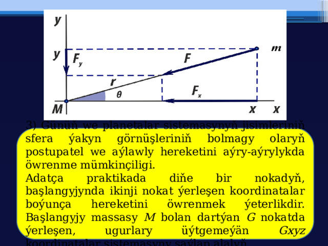 3) Günüň we planetalar sistemasynyň jisimleriniň sfera ýakyn görnüşleriniň bolmagy olaryň postupatel we aýlawly hereketini aýry-aýrylykda öwrenme mümkinçiligi. Adatça praktikada diňe bir nokadyň, başlangyjynda ikinji nokat ýerleşen koordinatalar boýunça hereketini öwrenmek ýeterlikdir. Başlangyjy massasy M bolan dartýan G nokatda ýerleşen, ugurlary üýtgemeýän Gxyz koordinatalar sistemasyny saýlap alalyň. 