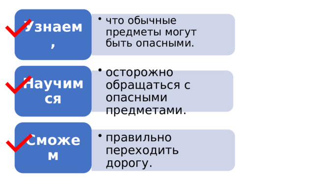 Узнаем, что обычные предметы могут быть опасными. что обычные предметы могут быть опасными. Научимся осторожно обращаться с опасными предметами. осторожно обращаться с опасными предметами. Сможем правильно переходить дорогу. правильно переходить дорогу. 