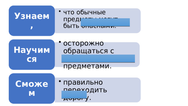 Узнаем, что обычные предметы могут быть опасными. что обычные предметы могут быть опасными. Научимся осторожно обращаться с опасными предметами. осторожно обращаться с опасными предметами. Сможем правильно переходить дорогу. правильно переходить дорогу. 