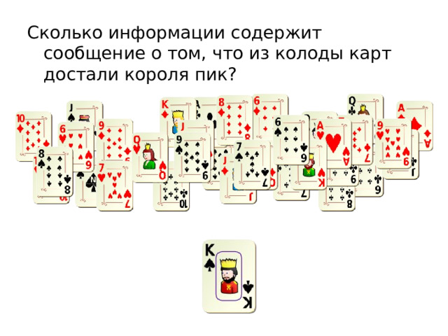 Сколько информации содержит сообщение о том, что из колоды карт достали короля пик? 