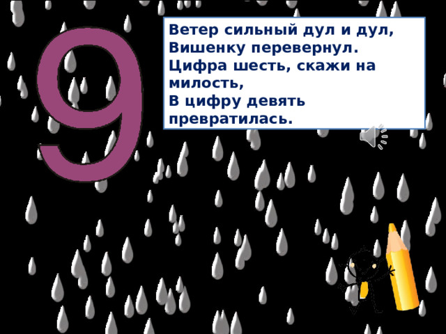 Ветер сильный дул и дул,  Вишенку перевернул.  Цифра шесть, скажи на милость,  В цифру девять превратилась. 