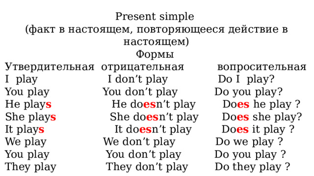 Present simple (факт в настоящем, повторяющееся действие в настоящем) Формы Утвердительная отрицательная вопросительная I play I don’t play Do I play? You play You don’t play Do you play? He play s He do es n’t play Do es he play ? She play s She do es n’t play Do es she play? It play s It do es n’t play Do es it play ? We play We don’t play Do we play ? You play You don’t play Do you play ? They play They don’t play Do they play ? 