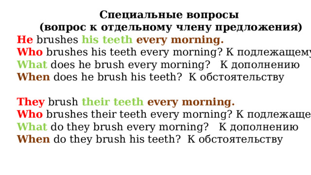 Специальные вопросы (вопрос к отдельному члену предложения) He brushes his teeth every morning. Who brushes his teeth every morning? К подлежащему What does he brush every morning? К дополнению When does he brush his teeth? К обстоятельству They brush their teeth every morning. Who brushes their teeth every morning? К подлежащему What do they brush every morning? К дополнению When do they brush his teeth? К обстоятельству 