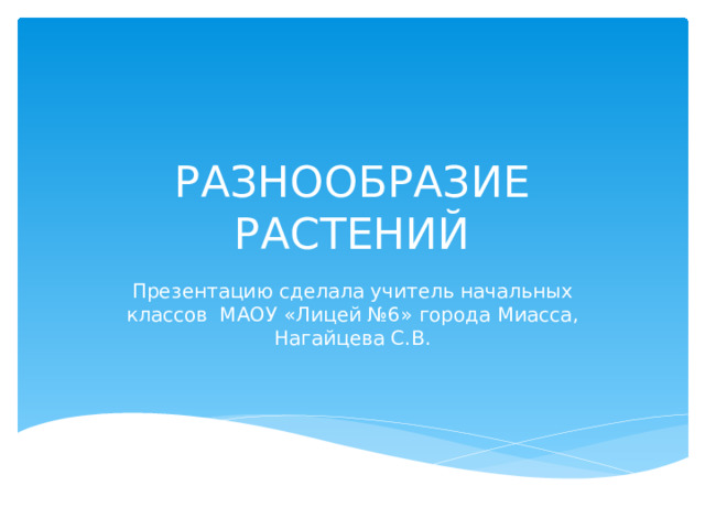 РАЗНООБРАЗИЕ РАСТЕНИЙ Презентацию сделала учитель начальных классов МАОУ «Лицей №6» города Миасса, Нагайцева С.В. 