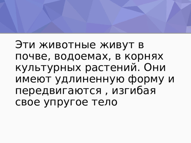 Эти животные живут в почве, водоемах, в корнях культурных растений. Они имеют удлиненную форму и передвигаются , изгибая свое упругое тело 