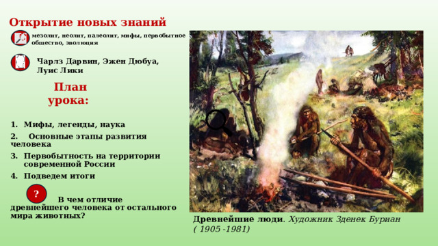 Открытие новых знаний   мезолит, неолит, палеолит, мифы, первобытное  общество, эволюция   Чарлз Дарвин, Эжен Дюбуа, Луис Лики  План урока: Мифы, легенды, наука 2. Основные этапы развития человека Первобытность на территории современной России Подведем итоги   В чем отличие древнейшего человека от остального мира животных? ? Древнейшие люди . Художник Зденек Буриан ( 1905 -1981)  