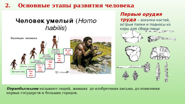 2. Основные этапы развития человека Первые орудия труда – осколки костей, острые палки и подносы из коры для сбора пищи 40 тыс лет назад 300 – 40 тыс. лет назад 1 млн – 300 тыс. лет назад 2,5 – 1 млн. лет назад 6,5 -1 млн. лет назад Первобытными называют людей, живших до изобретения письма, до появления первых государств и больших городов. 