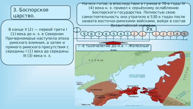 Натиск готов, а впоследствии и гуннов в 70-е годы IV (4) века н. э. привел к серьёзному ослаблению Боспорского государства. Полностью свою самостоятельность оно утратило в 530-х годах после захвата восточно-римскими войсками, войдя в состав Византийской империи. 3. Боспорское царство.    В конце II (2) — первой трети I (1) века до н. э. в Северном Причерноморье наступила эпоха римского влияния, а затем и прямого римского присутствия с середины I (1) века до середины III (3) века н. э. РХ 10 4 2 3 5 9 1 3 1 6 4 5 2 8 7 I –е тысячелетие до н.э. – Железный век 