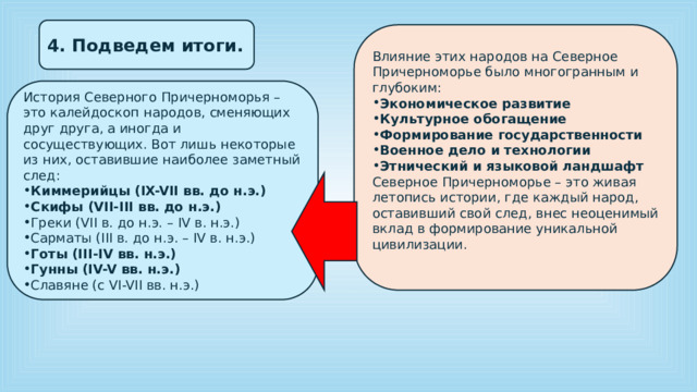 4. Подведем итоги. Влияние этих народов на Северное Причерноморье было многогранным и глубоким: Экономическое развитие Культурное обогащение Формирование государственности Военное дело и технологии Этнический и языковой ландшафт Северное Причерноморье – это живая летопись истории, где каждый народ, оставивший свой след, внес неоценимый вклад в формирование уникальной цивилизации. История Северного Причерноморья – это калейдоскоп народов, сменяющих друг друга, а иногда и сосуществующих. Вот лишь некоторые из них, оставившие наиболее заметный след: Киммерийцы (IX-VII вв. до н.э.) Скифы (VII-III вв. до н.э.) Греки (VII в. до н.э. – IV в. н.э.) Сарматы (III в. до н.э. – IV в. н.э.) Готы (III-IV вв. н.э.) Гунны (IV-V вв. н.э.) Славяне (с VI-VII вв. н.э.)    