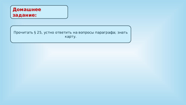 Домашнее задание: Прочитать § 25, устно ответить на вопросы параграфа; знать карту. 