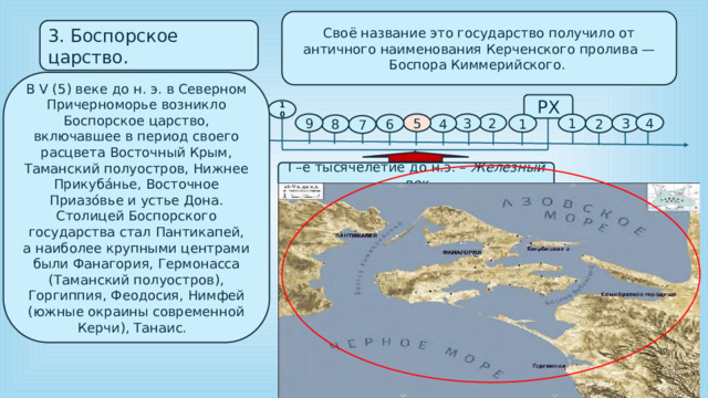 Своё название это государство получило от античного наименования Керченского пролива — Боспора Киммерийского. 3. Боспорское царство.  В V (5) веке до н. э. в Северном Причерноморье возникло Боспорское царство, включавшее в период своего расцвета Восточный Крым, Таманский полуостров, Нижнее Прикуба́нье, Восточное Приазо́вье и устье Дона. Столицей Боспорского государства стал Пантикапей, а наиболее крупными центрами были Фанагория, Гермонасса (Таманский полуостров), Горгиппия, Феодосия, Нимфей (южные окраины современной Керчи), Танаис. РХ 10 4 9 3 2 5 1 3 6 4 1 2 8 7 I –е тысячелетие до н.э. – Железный век 