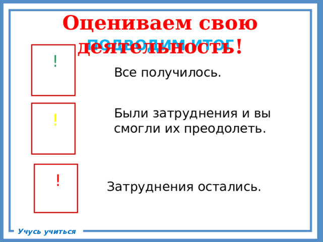 Оцениваем свою деятельность! ПОДВОДИМ ИТОГ ! Все получилось. Были затруднения и вы смогли их преодолеть. ! ! Затруднения остались. Учусь учиться 