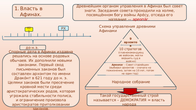 Древнейшим органом управления в Афинах был совет знати. Заседания совета проходили на холме, посвящённом богу войны Аре́су, отсюда его название — ареопа́г.  Власть в Афинах. Схема управления древними Афинами РХ 621 9 архонтов до н.э. 10 стратегов Спорные дела в Афинах издавна решались на основе родовых обычаев. Их дополнили новыми законами. Первый свод письменных законов был составлен архонтом по имени Драко́нт в 621 году до н. э. Целями законов были пресечение кровной мести среди аристократических родов, которая угрожала стабильности полиса, и ограничение произвола аристократов притолковании законов. (главнокомандующие войском, могли вершить суд в войске) Ареопаг – Совет старейшин (выбирал архонтов – сначала на пожизненно, затем на 10 лет, потом на один год) Народное собрание Такой государственный строй называется – ДЕМОКРАТИЯ = власть народа 