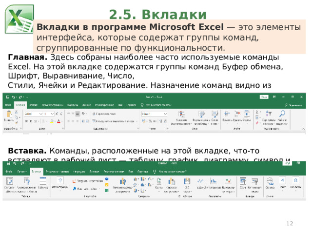 2.5. Вкладки Вкладки в программе Microsoft Excel  — это элементы интерфейса, которые содержат группы команд, сгруппированные по функциональности. Главная.  Здесь собраны наиболее часто используемые команды Excel. На этой вкладке содержатся группы команд Буфер обмена, Шрифт, Выравнивание, Число, Стили, Ячейки и Редактирование. Назначение команд видно из названия групп, в которые они входят. Вставка.  Команды, расположенные на этой вкладке, что-то вставляют в рабочий лист — таблицу, график, диаграмму, символ и т.д.  