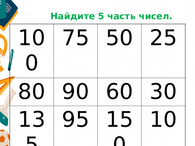 Найдите 5 часть чисел. 100 75 80 50 90 135 45 25 60 95 15 30 150 10 200 505 