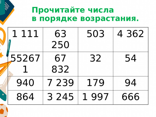 Прочитайте числа  в порядке возрастания. 1 111 63 250 552671 67 832 503 940 864 4 362 32 7 239 3 245 54 179 94 1 997 666 