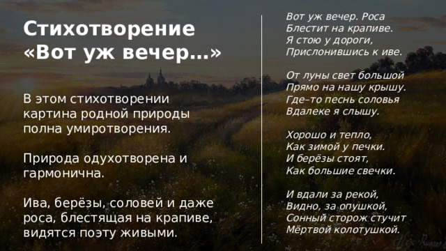 Вот уж вечер. Роса Блестит на крапиве. Я стою у дороги, Прислонившись к иве.  От луны свет большой Прямо на нашу крышу. Где–то песнь соловья Вдалеке я слышу.  Хорошо и тепло, Как зимой у печки. И берёзы стоят, Как большие свечки.  И вдали за рекой, Видно, за опушкой, Сонный сторож стучит Мёртвой колотушкой. Стихотворение «Вот уж вечер…» В этом стихотворении картина родной природы полна умиротворения. Природа одухотворена и гармонична. Ива, берёзы, соловей и даже роса, блестящая на крапиве, видятся поэту живыми. 