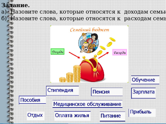 Задание. а) Назовите слова, которые относятся к доходам семьи б) Назовите слова, которые относятся к расходам семьи 