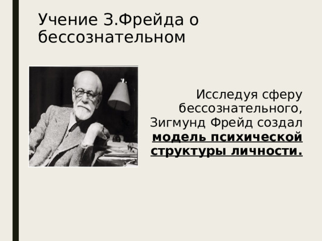 Учение З.Фрейда о бессознательном Исследуя сферу бессознательного, Зигмунд Фрейд создал модель психической структуры личности.  
