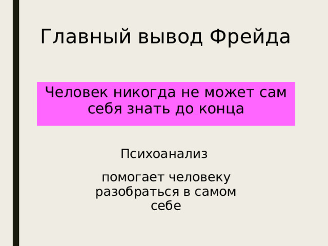 Главный вывод Фрейда Человек никогда не может сам себя знать до конца Психоанализ помогает человеку разобраться в самом себе 