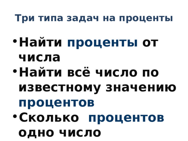 Три типа задач на проценты Найти проценты от числа Найти всё число по известному значению процентов Сколько процентов одно число составляет от другого? 
